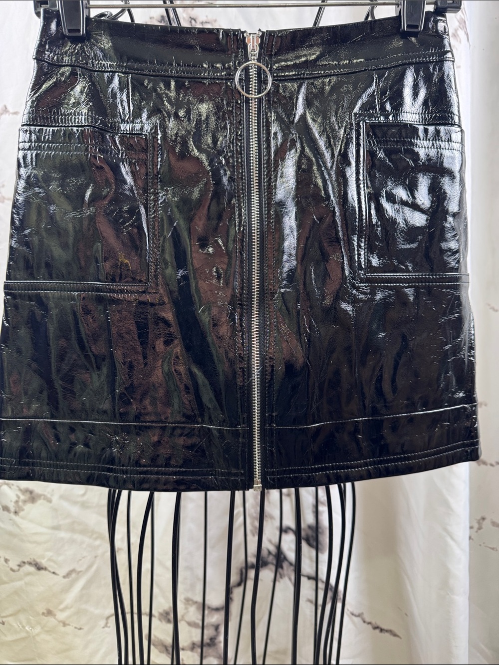 TOPSHOP Black Patent Mini Skirt Full Front Zip with Pockets Shiny High Gloss